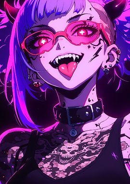 Anime Girl with Horns and Tattoos