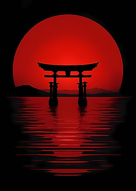 Japanese Torii Gate Silhouette at Sunset