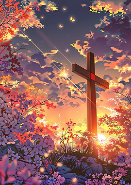 Cross in a Floral Landscape