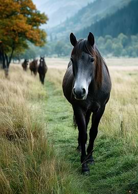 Dark Horse in Grassy Field