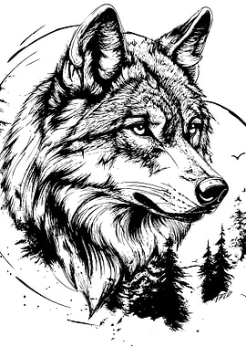 Wolf Portrait Black and White Illustration