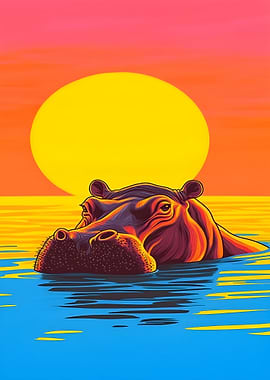 Hippo in Water at Sunset