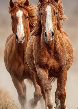 Two Chestnut Horses Running Wild