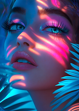 Neon Beauty Portrait with Floral Accents