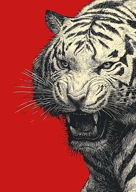 Tiger Portrait on Red Background