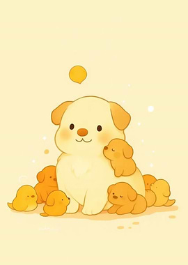 Cute Dog with Puppies Illustration