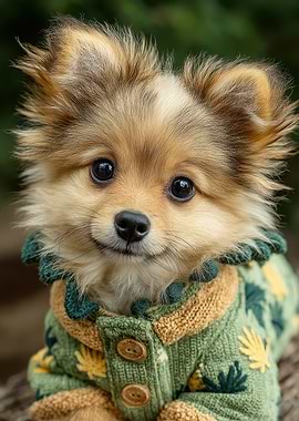 Cute Puppy in Green Knitted Sweater
