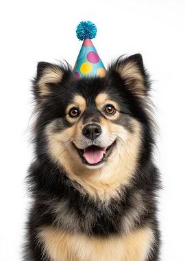 Finnish Lapphund Dog with Party Hat