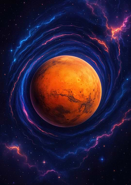 Mars in a swirling cosmic nebula