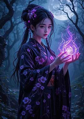Asian Woman with Magic Orb in Forest