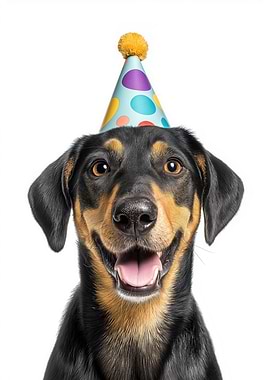 Black and Tan Coonhound Dog with Birthday Hat
