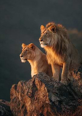 Lion and Lioness on Rocky Outcrop
