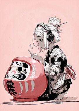 Girl with Daruma Doll and Headphones
