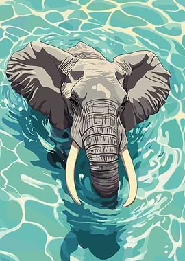 Elephant Swimming in Blue Water