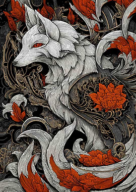 Ornate White Fox with Red Accents