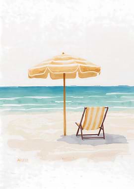 Beach Umbrella and Chair Watercolor Painting