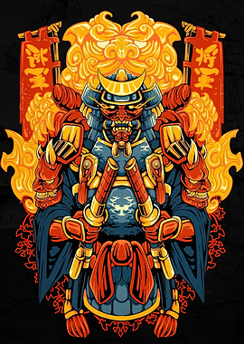 Samurai Warrior Illustration with Fiery Background