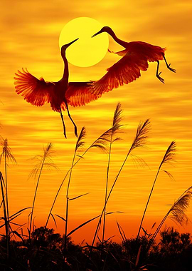 Cranes in Flight at Sunset