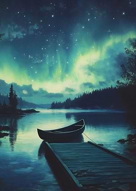 Night Lake with Boat and Aurora