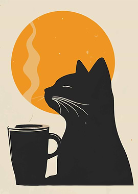 Black Cat with Coffee Cup Illustration