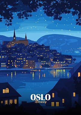 Oslo, Norway Night Cityscape Illustration