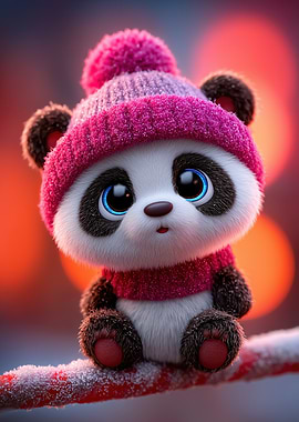 Cute Panda with Pink Hat and Scarf