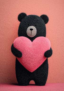 Black Bear Holding Pink Heart