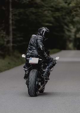Motorcycle rider on road, back view
