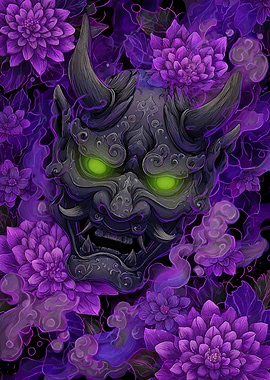 Hannya Mask with Purple Flowers