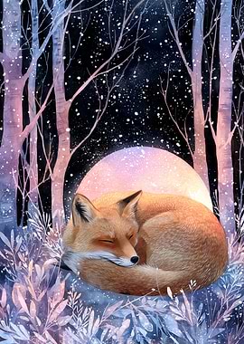Sleeping Fox in Winter Forest