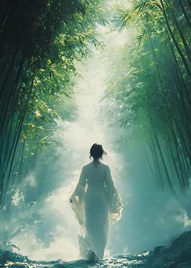 Woman in White Dress in Bamboo Forest