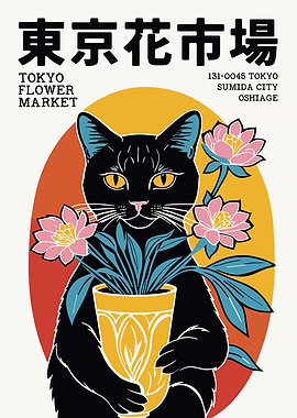 Tokyo Flower Market Cat Illustration