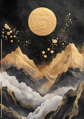Golden Moon over Mountain Landscape