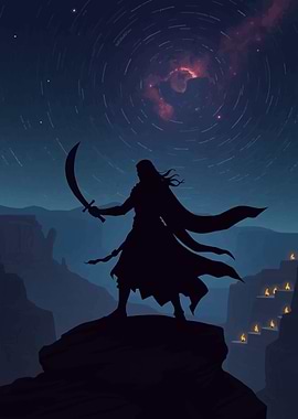 Silhouette Warrior Under Starry Night Sky
