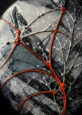 Abstract Porcelain #119 - Abstract Marble Veins with Red Accents