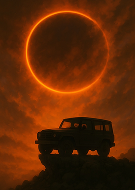 SUV on Cliff with Solar Eclipse