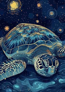Starry Night Sea Turtle Illustration