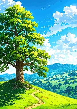 Anime Style Landscape with Tree