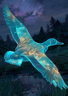 Glowing Duck in Flight at Night