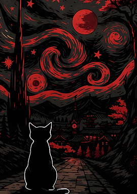 Black Cat Stargazing Japanese Landscape Art