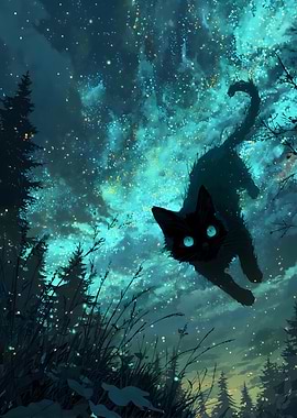 Black Cat in Starry Night Forest