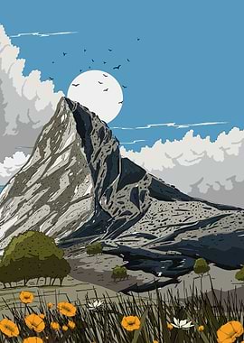 Mountain Landscape with Flowers and Birds