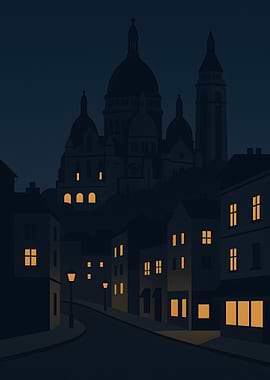 Nighttime Paris cityscape with Sacré-Cœur Basilica