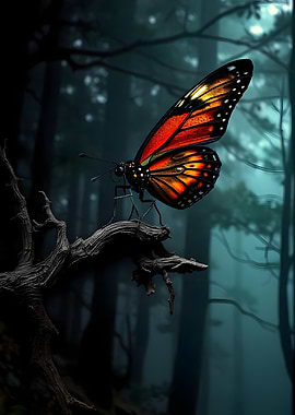 Monarch Butterfly in Misty Forest