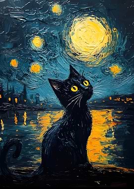 Black Cat Starry Night Painting