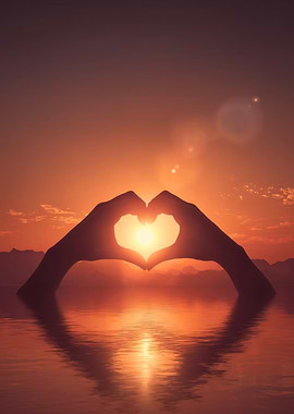 Silhouetted Hands Heart Embracing Sun Golden Orange Lake Sunset Mountains