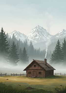 Cabin in the Mountains Landscape Art