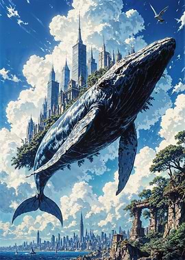 Majestic Sky Whale Carrying a Floating City Above a Coastal Metropolis