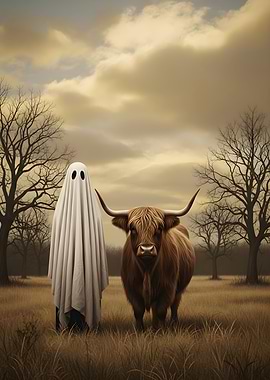 Ghost and Highland Cow in Field