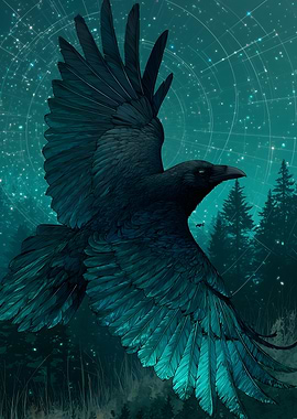 Raven in Flight Under Starry Sky